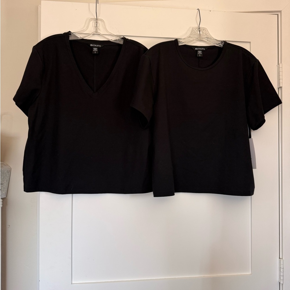 Athleta Essential Black Short Sleeve V‑Neck and Crewneck cropped tees Tops Set